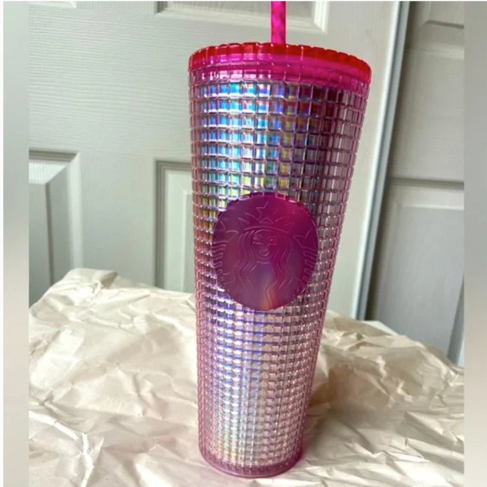 NWT Starbucks Iridescent Pink Silver Bubblegum Grid Cold Cup Tumbler